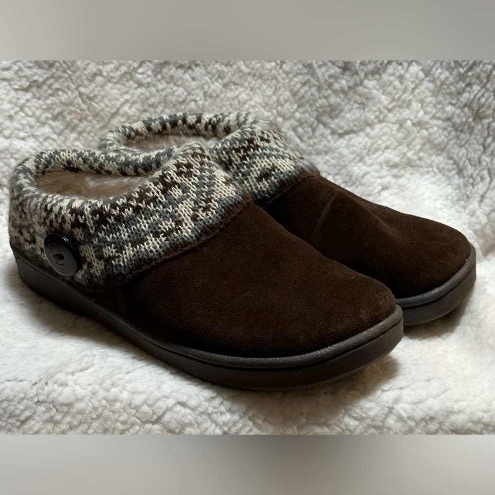 Clarks Womens Size 8M Black Leather Faux Fur Slip On Clog Slippers Knit Trim